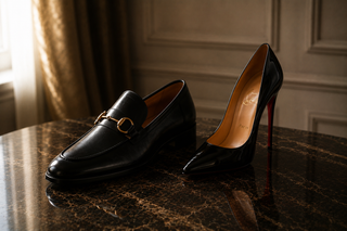 Black patent stiletto heels displayed on a burgundy velvet cushion in a luxurious interior setting 