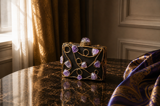 Sculptural evening handbag with gold accents displayed on marble countertop in a luxury editorial setting
