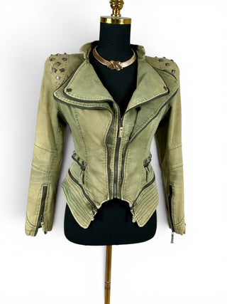 Vintage Y2K Olive Green Studded Asymmetrical Zip Moto Jacket | US 4