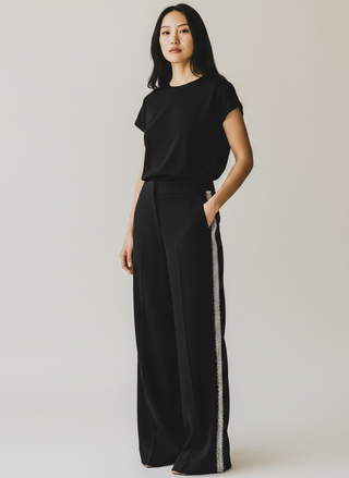 Marcella Atelier Embellished Wide-Leg Trousers Black Pearl Trim | US 4