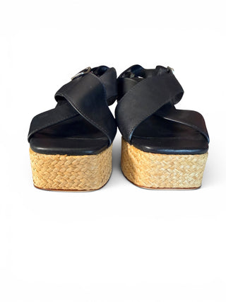 Ita Leather Platform Wedge Sandals Black/Natural Raffia | Size 10