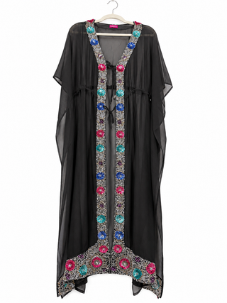 Ranee's Embellished Sheer Black Resort Kaftan Cover-Up – Beaded Longline Duster (One Size)