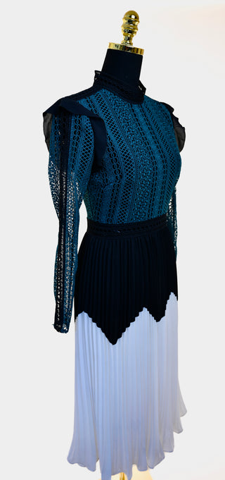 Panelled Guipure Lace and Pleated Crepe Midi Dress | US 4