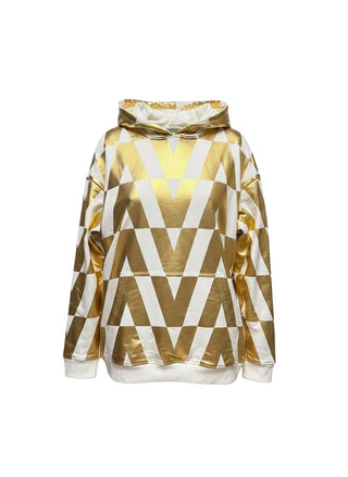 Metallic Gold V Monogram Hoodie White Cotton Sweatshirt