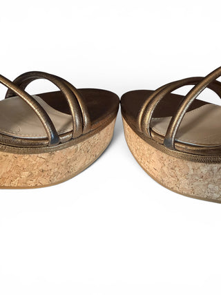 Hallie Bronze Metallic Leather Cork Wedge Sandals | US 11
