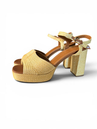 Jodie Raffia Platform Block Heel Sandals Natural Leather | EU 41.5 (US 11)