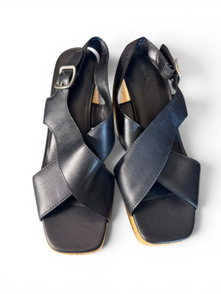 Ita Leather Platform Wedge Sandals Black/Natural Raffia | Size 10