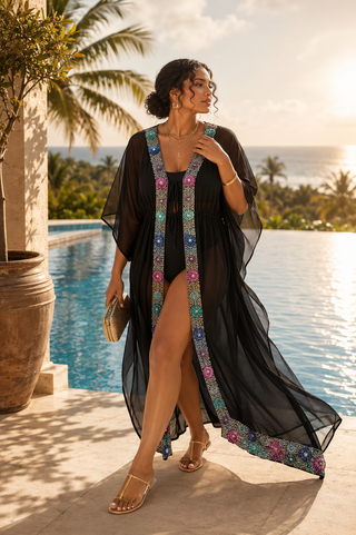 Ranee's Embellished Sheer Black Resort Kaftan Cover-Up – Beaded Longline Duster (One Size)