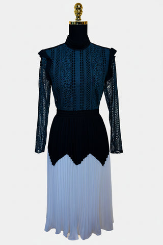 Panelled Guipure Lace and Pleated Crepe Midi Dress | US 4