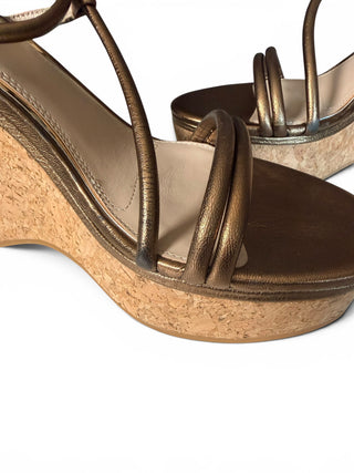 Hallie Bronze Metallic Leather Cork Wedge Sandals | US 11