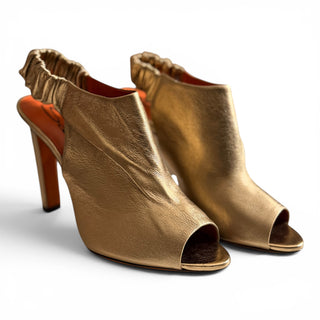 Metallic Gold Leather Peep-Toe Slingback Heels | EU 40.5