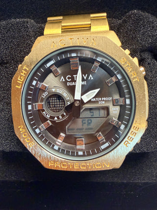 Activa x Invicta Signal Dual Time gold-tone unisex watch model ACWM423-007 with an octagonal brushed metal case and black digital-analog dial layout.
