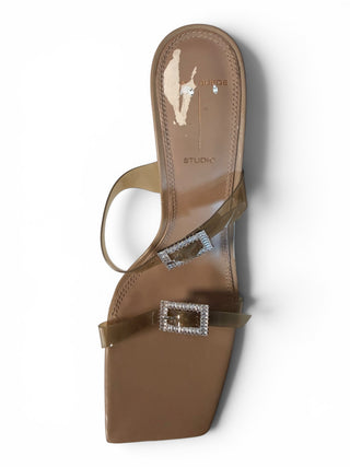 Bella Crystal Buckle Clear PVC Mule Heels Nude Leather | EU 37.5 / US 7
