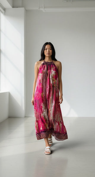 Pink Multi Print Smocked Maxi Dress Size Medium