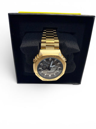 Activa x Invicta Signal Dual Time gold-tone unisex watch model ACWM423-007 with an octagonal brushed metal case and black digital-analog dial layout.