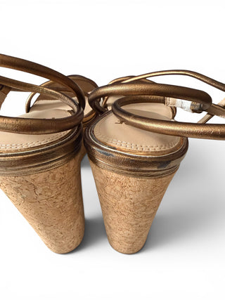 Hallie Bronze Metallic Leather Cork Wedge Sandals | US 11