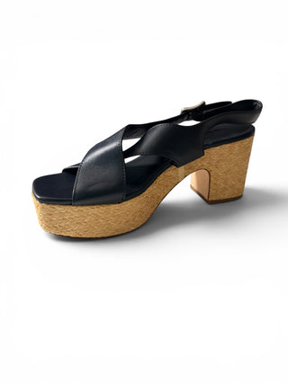 Ita Leather Platform Wedge Sandals Black/Natural Raffia | Size 10