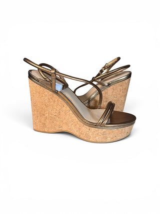 Hallie Bronze Metallic Leather Cork Wedge Sandals | US 11