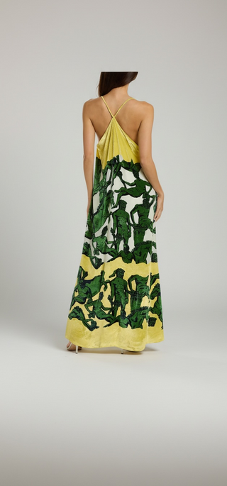 Devoré Classical Statue Motif Silk-Blend Maxi Dress Chartreuse | IT 42