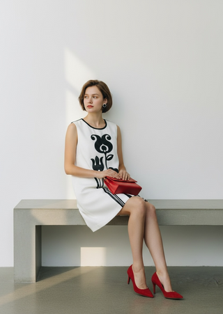 Full-length editorial style photo of a model wearing the Victoria Beckham for Target mod shift dress. The 1960s British retro-chic aesthetic is showcased through the structured heavyweight knit drape, a classic round neck, and a boxy silhouette that falls gracefully just above the knee, perfect for premium styling.