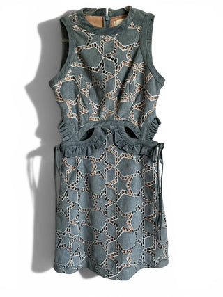 Slate Blue Geometric Laser-Cut Cutout Mini Dress | US 0