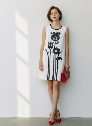 Full-length editorial style photo of a model wearing the Victoria Beckham for Target mod shift dress. The 1960s British retro-chic aesthetic is showcased through the structured heavyweight knit drape, a classic round neck, and a boxy silhouette that falls gracefully just above the knee, perfect for premium styling.