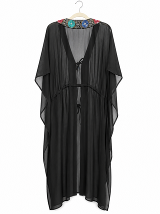 Ranee's Embellished Sheer Black Resort Kaftan Cover-Up – Beaded Longline Duster (One Size)