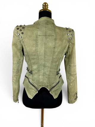 Vintage Y2K Olive Green Studded Asymmetrical Zip Moto Jacket | US 4