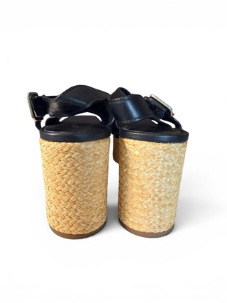 Ita Leather Platform Wedge Sandals Black/Natural Raffia | Size 10