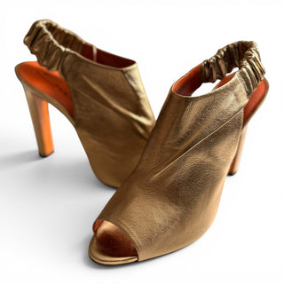 Metallic Gold Leather Peep-Toe Slingback Heels | EU 40.5
