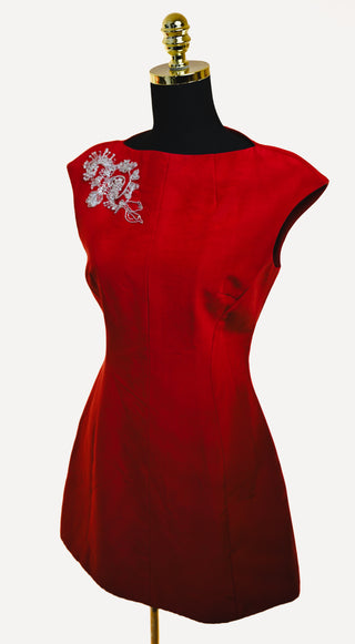 Embellished Mini Dress Red Silk-Lined Cocktail Dress | US 4