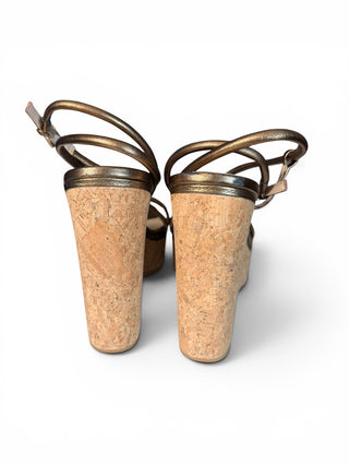 Hallie Bronze Metallic Leather Cork Wedge Sandals | US 11