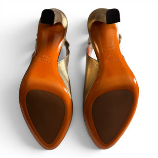 Metallic Gold Leather Peep-Toe Slingback Heels | EU 40.5