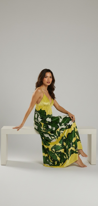 Devoré Classical Statue Motif Silk-Blend Maxi Dress Chartreuse | IT 42