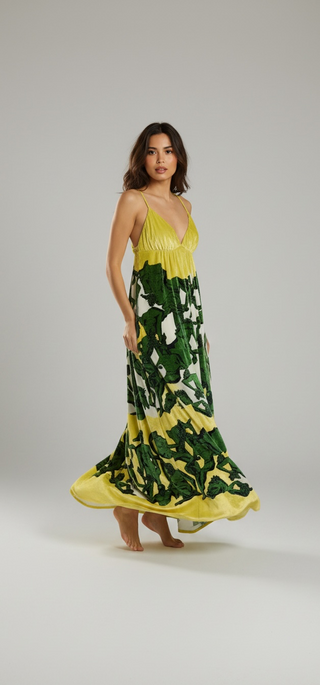 Devoré Classical Statue Motif Silk-Blend Maxi Dress Chartreuse | IT 42