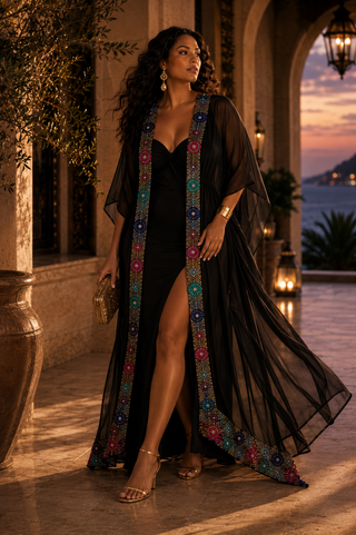 Ranee's Embellished Sheer Black Resort Kaftan Cover-Up – Beaded Longline Duster (One Size)