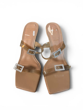 Bella Crystal Buckle Clear PVC Mule Heels Nude Leather | EU 37.5 / US 7