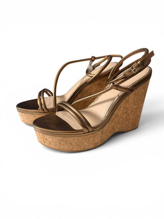 Hallie Bronze Metallic Leather Cork Wedge Sandals | US 11