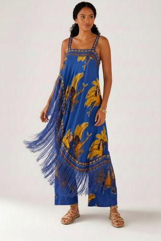 Mermaid Bananas Fringed Tunic Top Blue Multi Size Large