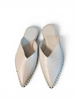 Paris Vyra Leather Pearl Trim Pointed-Toe Flat Mules Ivory | US 6