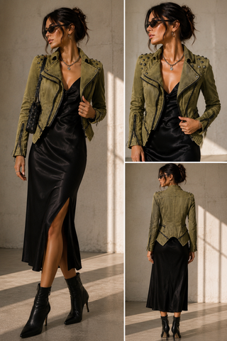 Vintage Y2K Olive Green Studded Asymmetrical Zip Moto Jacket | US 4