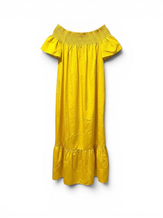 Evenci Tory Burch flaming yellow silk-cotton midi dress with smocked off-the-shoulder neckline and flounce hem.