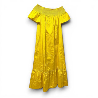 Evenci Tory Burch flaming yellow silk-cotton midi dress with smocked off-the-shoulder neckline and flounce hem.